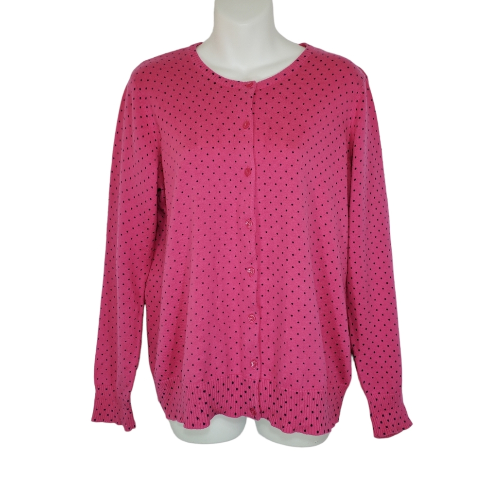 L.L. Bean Pink Polka Dot Cardigan Sweater Size Large